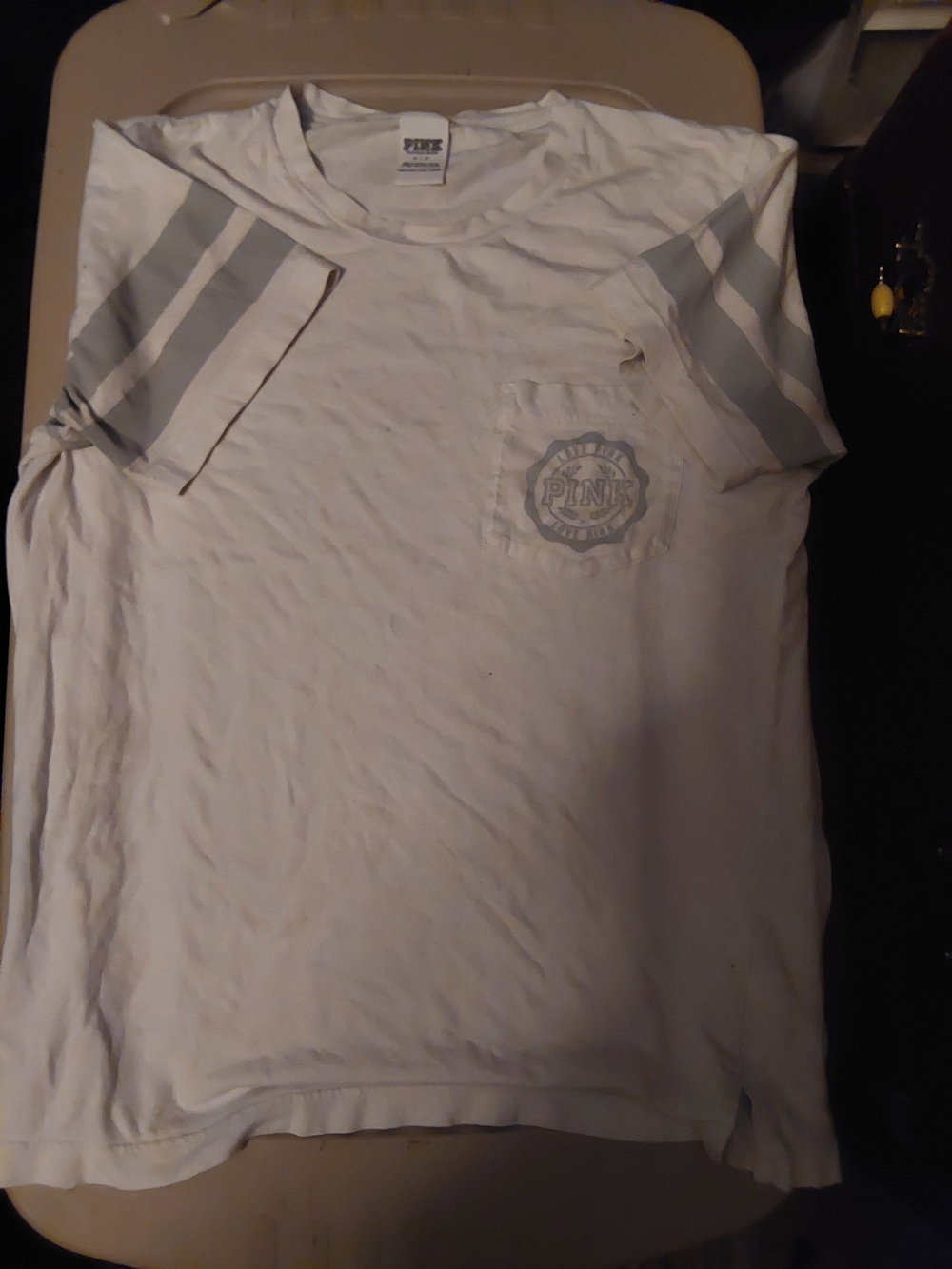 PINK Victoria's Secret White Tee with Gray Sleeve Stripes
